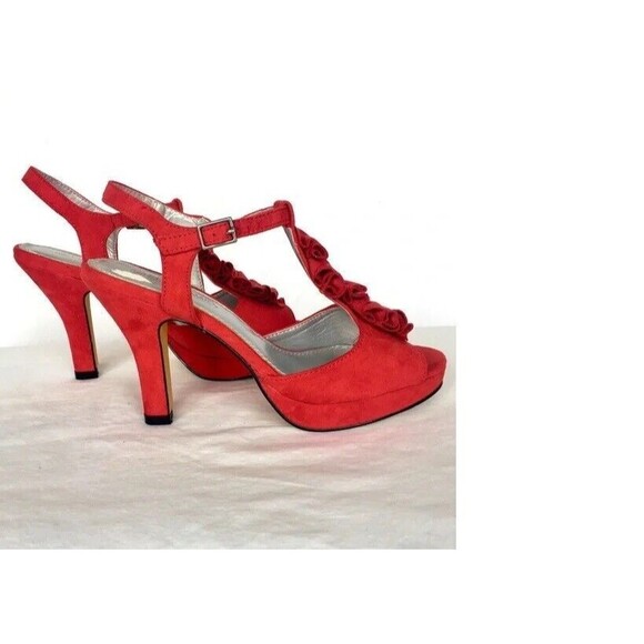 Hot Tomato Women's Open Toe Heels Pumps Ruffles Red Pre-Owned 9M - Picture 2 of 6